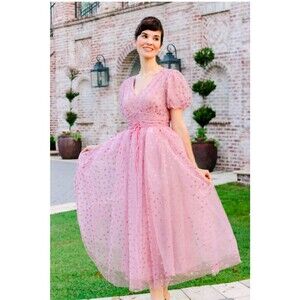 Ivy City Co Womens Tulle Lace Gown Pink XS Whimsical Glitter Hearts NEW